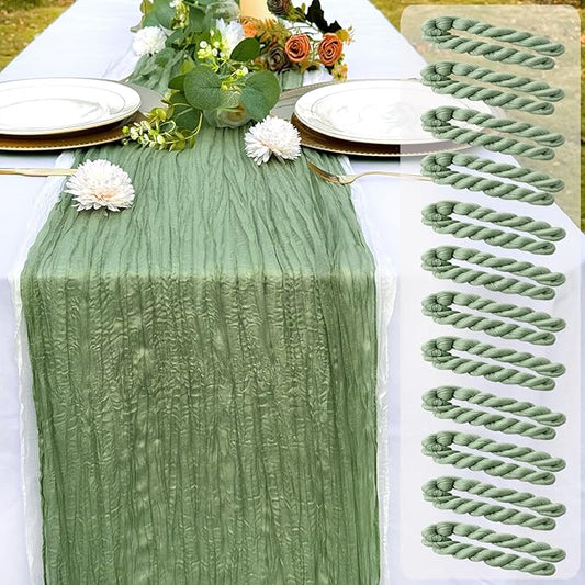 12 Pack Sage Green Cheesecloth Table Runner Rustic Gauze 22x120 inch Long Table Runner for Wedding Bridal Shower Birthday Party Banquet Boho Decoration(#29)