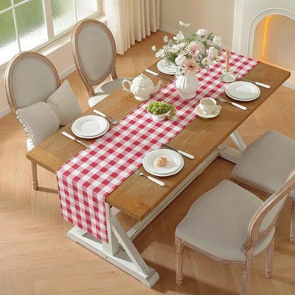 Laolitou Red Checkered Table Runner, Cotton Linen Gingham Table Runners - Image 2