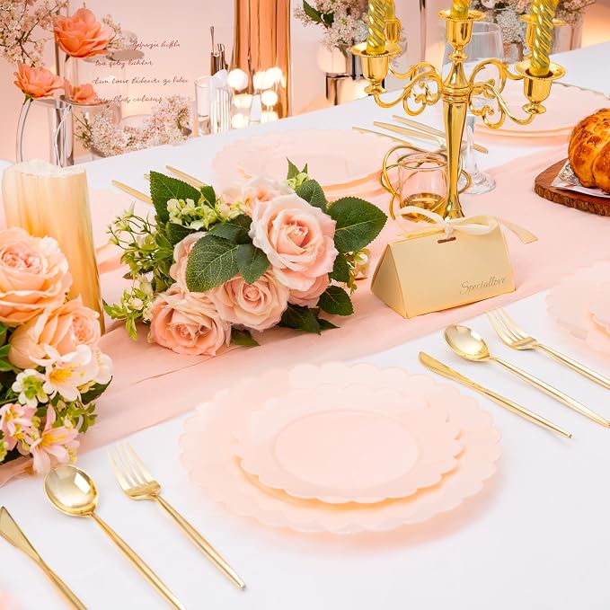 100Pcs Pink Plastic Plates Set for Party, Scalloped Fancy Plates | Heavy Duty - Image 8