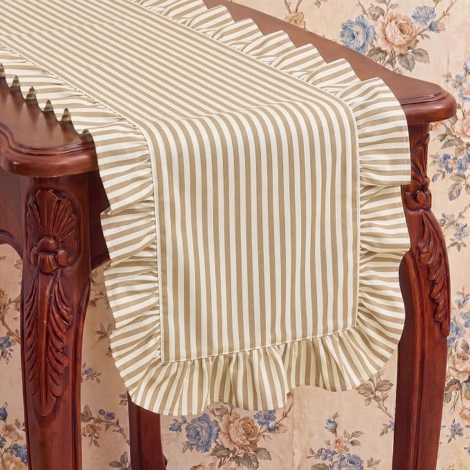 HunnmingRe Ruffle Trim Boho Table Runner Farmhouse Rustic Stripes Scalloped - Image 3