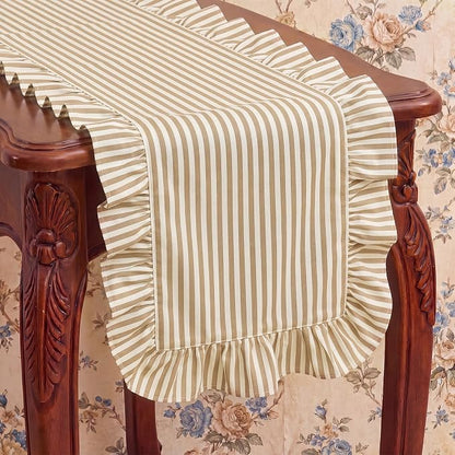 HunnmingRe Ruffle Trim Boho Table Runner Farmhouse Rustic Stripes Scalloped - Image 7