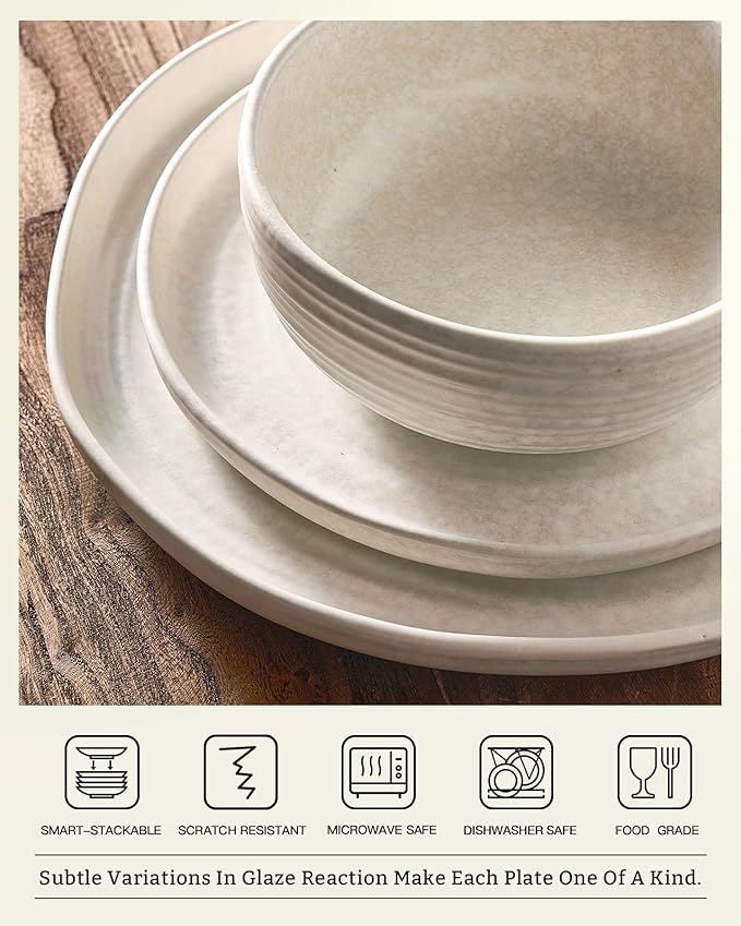Famiware Pluto 12-Piece Stoneware Dinnerware Set, Matte Beige White | Double - Image 3