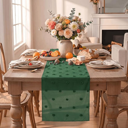 Artoid Mode Forest Green Pom Pom Tulle Table Runner, Seasonal Christmas - Image 2