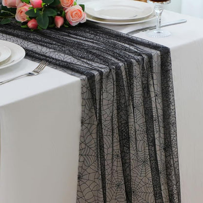 Snowkingdom Halloween Table Runner, 10 FT Black Spider Web Runners Metallic - Image 2