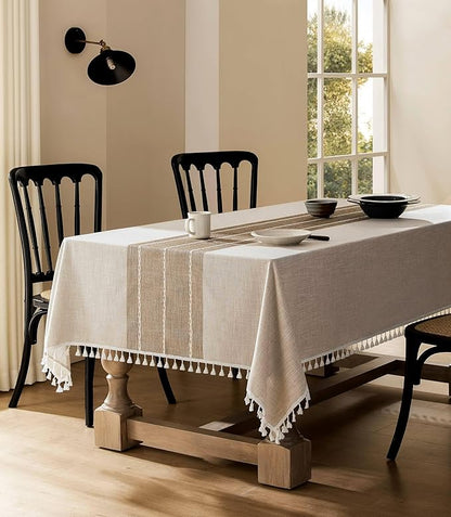 ZeeMart Contrast Linen Table Cloth Rectangle Table Cloths 60x84 Inch Brown, Farmhouse Style Heavy Weight Beige Tablecloth, Water Resistant Burlap Tablecloths