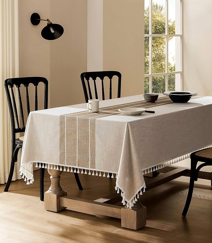 ZeeMart Contrast Linen Table Cloth Square Table Cloths 60x60 Inch Brown, Farmhouse Style Heavy Weight Beige Tablecloth, Water Resistant Burlap Tablecloths