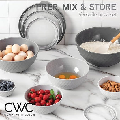 COOK WITH COLOR Mixing Bowls with Lids - 12 Piece Plastic Nesting Bowls Set includes 6 Prep Bowls and 6 Lids, Non Slip Bottom and Embossed Design - Microwave Safe (Grey)