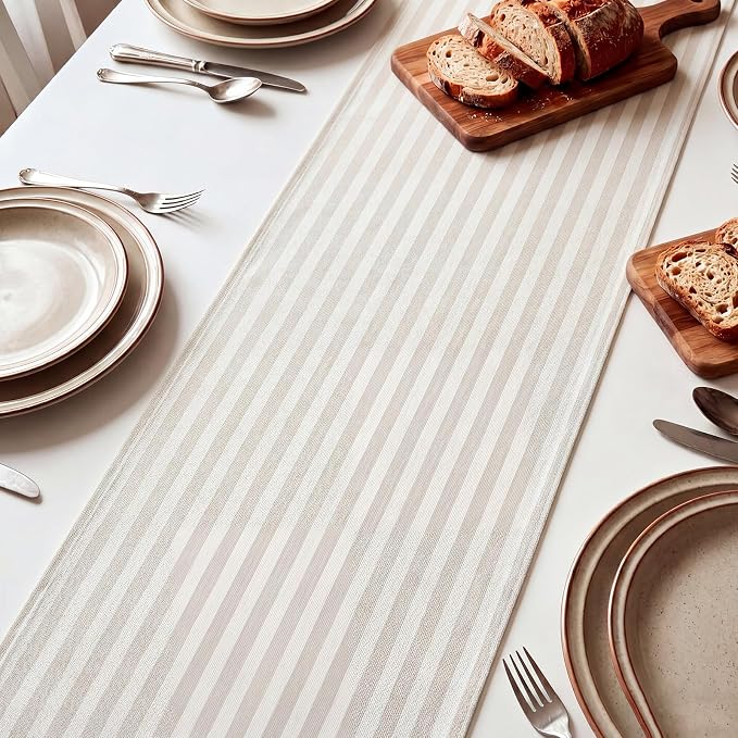 6 Pcs Beige and White Stripe Table Runner, 13 x 72 Inch | Linen Kitchen Dining - Image 5