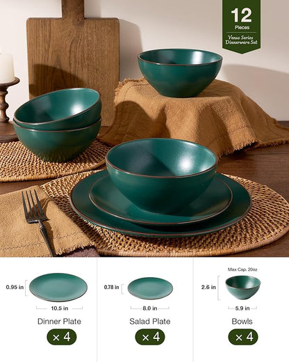 Famiware Venus Plates and Bowls Sets, 12 Pieces Stoneware Speckled Dinnerware Sets, Dishes Set for 4, Microwave and Dishwasher Safe, Matte Dark Green