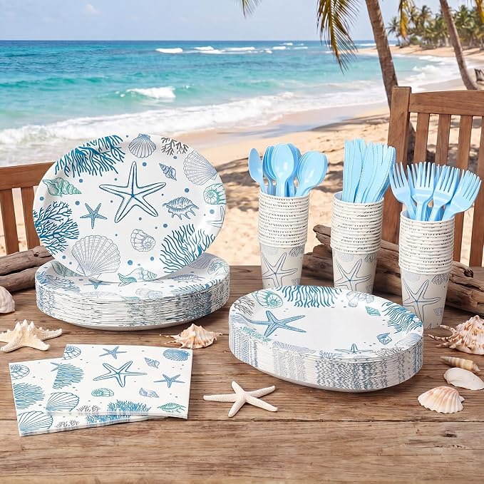 350 Pcs Ocean Seashell Party Decorations 12 in Summer Disposable Oval Plates - Image 2