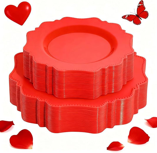 COLOSUS Disposable Plastic Plates 60Pcs, Christmas Red Plastic Party Plates, Heavy Duty 30 Dinner plate 10.5” and 30 Salad/Dessert Plate 8.25” for Christmas party dinner