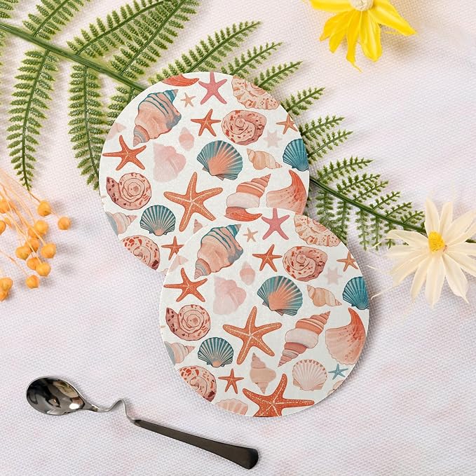 Seashells Different Shapes and Starfish Set of 4 Absorbent Coasters Cork - Image 3