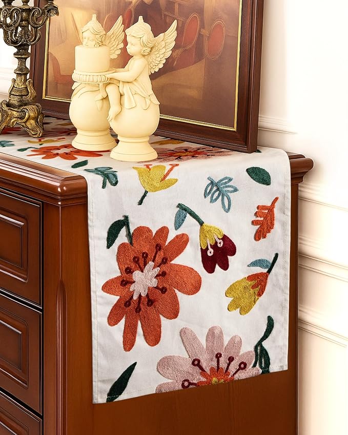 Canvas Embroidered Narrow 13"x 60" Table Runner, Colorful Flower | Exquisite - Image 5