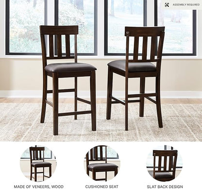Signature Design by Ashley Haddigan Upholstered Barstool, 2 Count, Slat Back Design, Cushioned Seat, Wood, 25.5" H, Dark Brown