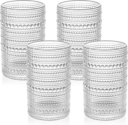 Vintage Hobnail Drinking Glasses Set of 4 – 13 oz Clear Highball Glass Cups – Embossed Textured Glassware with Anti-Slip Grip for Water, Juice, Cocktails – Thick Glass, Dishwasher Safe