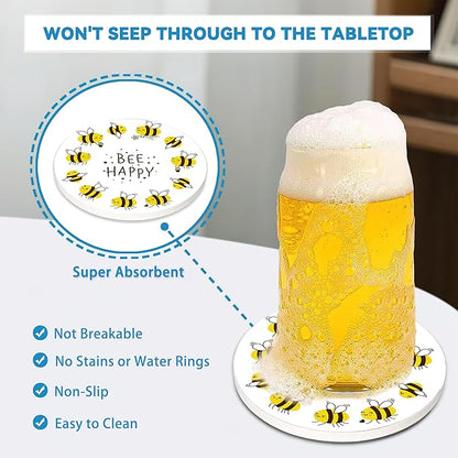 Bee Coasters Set of 4, Absorbent Ceramic with Cork Backing, Bee Happy Coaster Mats for Drinks, Ideal Gifts for Women Men