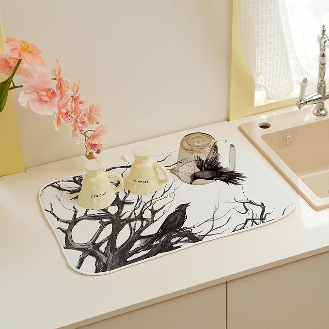 Halloween Dish Drying Mat for Kitchen Counter 18x24 Inch Black Tree Crows Dish - Image 4