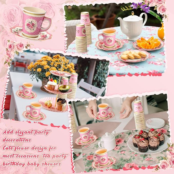 Tioncy 100 Pcs Tea Party Decorations Include 50 Pieces 9 oz Paper Tea Cups - Image 6