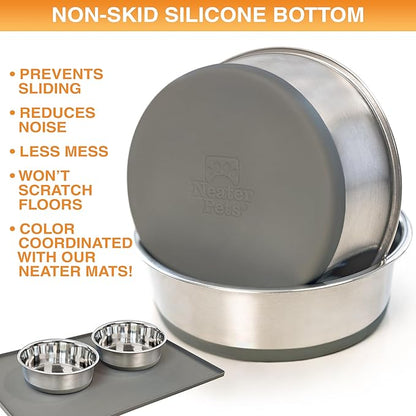 Neater Pet Brands Stainless Steel Dog Bowls with Non-Slip Rubber Bottom – Set of 2, 6 Cup (48 oz), Gray - Heavy Duty Metal Dog Bowl, Dishwasher Safe, Food or Water Bowl, Ideal for Large Dogs