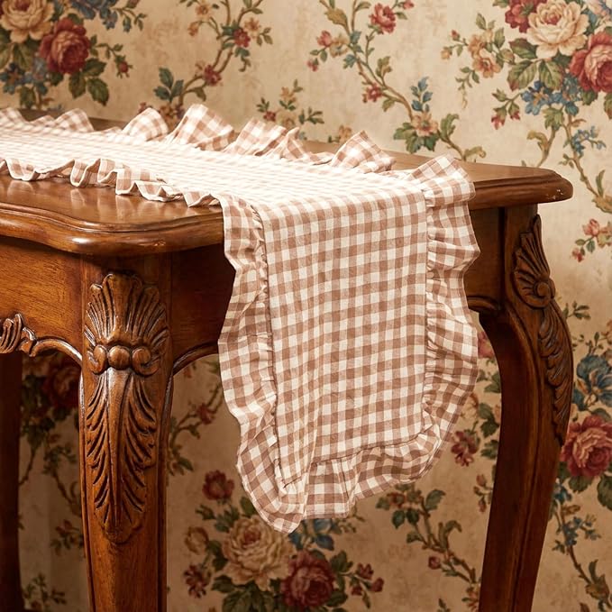 HunnmingRe 1 Pc Gingham Table Runner Brown, 118 X 13.8 Inch | Cotton Dresser - Image 9