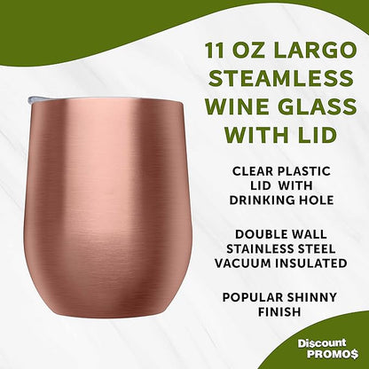 DISCOUNT PROMOS Stemless Wine Glass Tumblers with Lids by Largo 11 oz. Set of 6, Bulk Pack - Perfect for Wine, Cocktails, Other Hot & Cold Beverages - Rose Gold