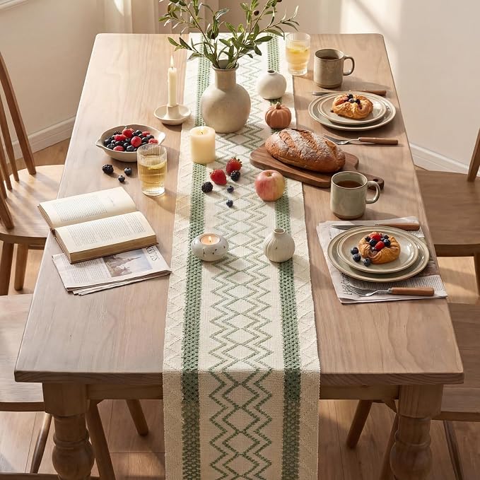 Artoid Mode Sage Green Stripe Diamond Woven Table Runner 12x60 Inch | Holiday - Image 4