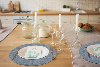 homing Round Faux Leather Placemat and Coaster 8 Packs, Washable Heat Resistant Dining Place Mats, Wipeable Double-Sided Table Mats for Indoor and Outdoor, Diameter 13 and 3.93 inch, Blue