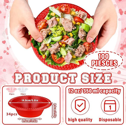 Layhit 100 Pcs Valentine's Day Plastic Bowls 12 oz Red Pink White Disposable Plastic Dessert Serving Party Supplies Salad Candy Snack Bowls for Holiday Wedding Party Picnic