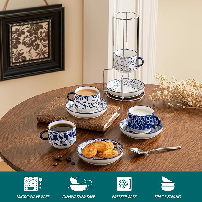 vancasso 4 OZ Porcelain Espresso Cups Set of 4, Stackable Cappuccino Cups | - Image 3