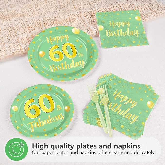 96 Pcs Sage Green Gold 60th Birthday Decorations Serves24 | 60th Birthday - Image 3