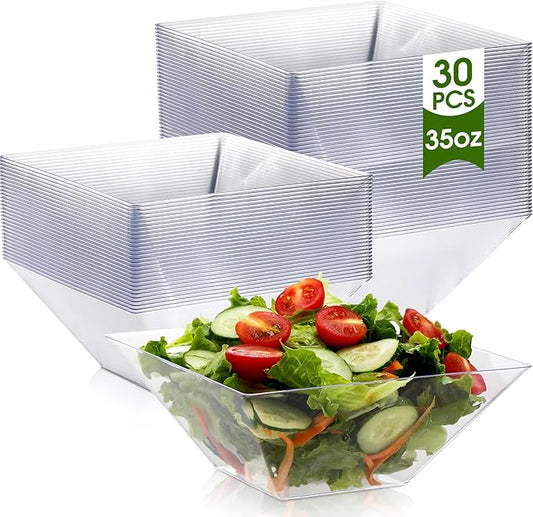 Tioncy 30 Pcs Square Plastic Serving Bowls, Medium Salad Fluted Plastic 35 oz Disposable Serving Bowls Containers for Parties, Snack, Buffet, Chips(Clear,Classic)