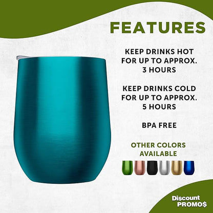 DISCOUNT PROMOS Stemless Wine Glass Tumblers with Lids by Largo 11 oz. Set of 6, Bulk Pack - Perfect for Wine, Cocktails, Other Hot & Cold Beverages - Teal
