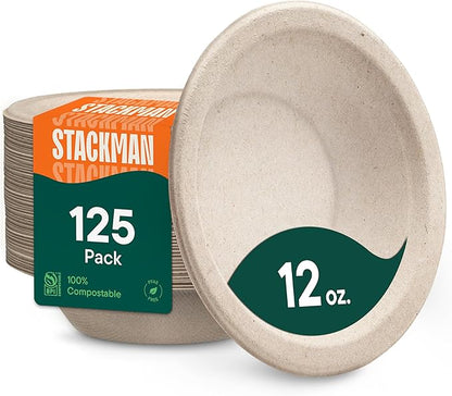 100% Compostable Paper Bowls - 12 oz Heavy Duty Soup Bowls | Eco-Friendly by StackMan