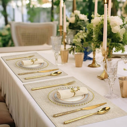 SLKQG Beige Linen Fabric Placemats Set of 4, Heat Resistant & Machine Washable Double-Layered Cloth Placemats for Dining Table, Indoor/Outdoor Use, Non-Slip Kitchen Table Mats (4, Beige Cream)