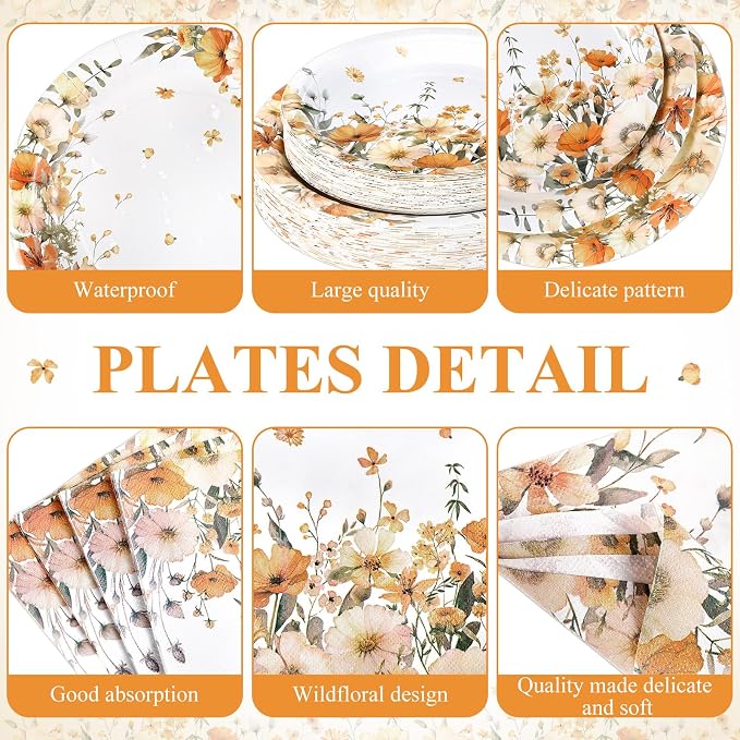 250 Pcs Fall Floral Party Decorations Include Autumn Flowers Paper Plates - Image 2