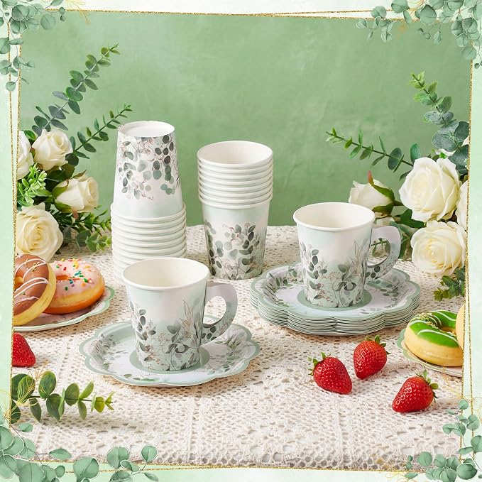 24 Sets Eucalyptus Leaf Tea Party Cups, 7 OZ Disposable Paper Tea Cups | - Image 4