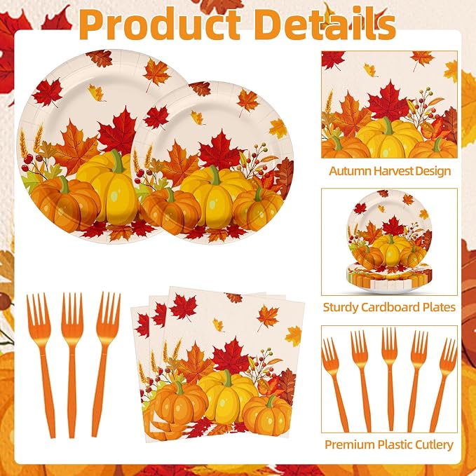 100 Pcs Fall Pumpkin Maple Tableware Party Supplies Set, Serves 25 – Disposable - Image 3