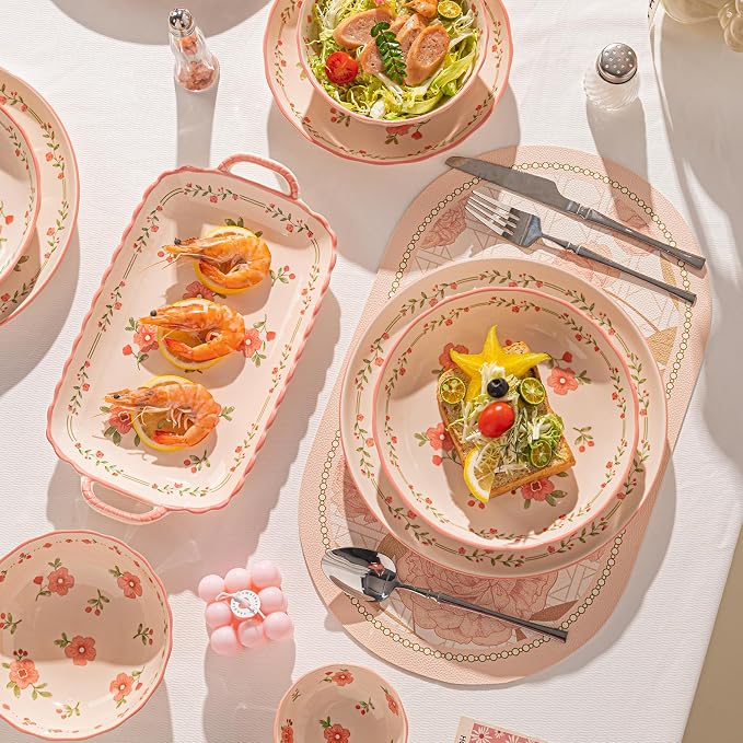 Ceramic Dinnerware Set, Floral Plates and Bowls Sets, Microwave & Dishwasher - Image 4