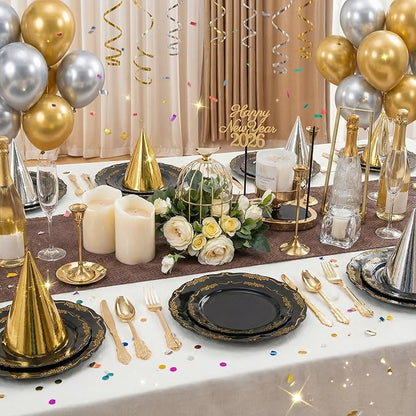 DaYammi 60PCS Black and Gold Plastic Plates, Heavy Duty Black and Gold Disposable Plates Premium 7.5 inch Dessert Cake Salad Appetizer Plate Hard Plastic Plate Disposable for Party Wedding