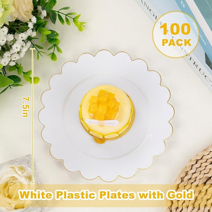 LIYH 100 Pcs Gold White Dessert Plates - 7.5" Disposable Fancy Cake Plates - White with Gold Rim Premium Hard Appetizer Cake Plastic Wedding Plate for Party,Bridal Shower,Birthday,Valentine's Day