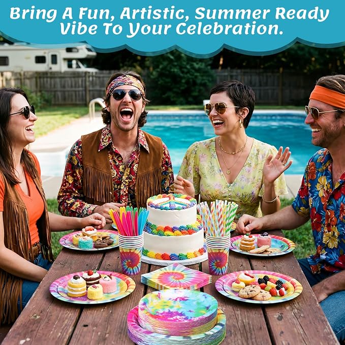 450 Pcs Tie Dye Party Tableware Set Decorations, Serves 50 | Rainbow Birthday - Image 4