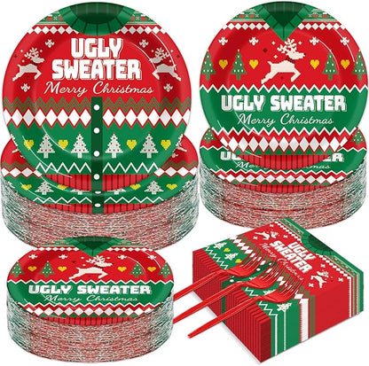 200 Pcs Christmas Ugly Sweater Party Supplies Paper Plates Napkins Xmas Tacky Sweater Tableware Party Decorations Favors for Xmas Birthday Winter Holiday Serves 50