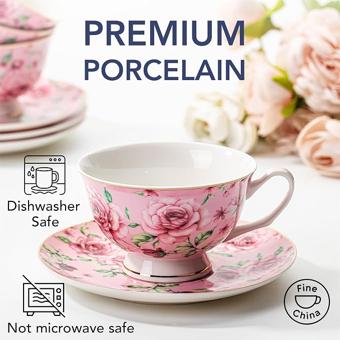 BTaT- Floral Tea Cups and Saucers, 8 oz, Fine Porcelain Teacup Set - Image 4