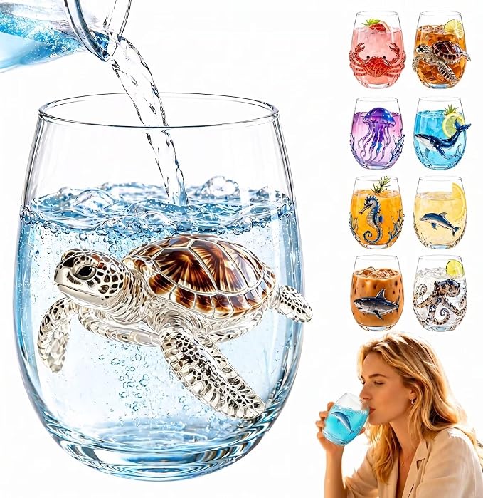 Artisanal Sea Turtle Glassware, 3D Stemless Wine Glasses Tumbler | Handcrafted by Unknown