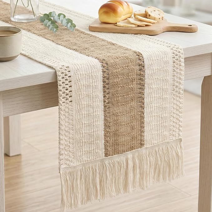 OurWarm Splicing Burlap Table Runner Farmhouse Style, Boho Table Runner Modern - Image 3