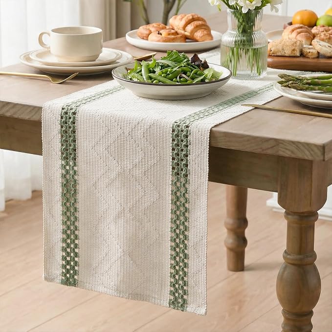 Artoid Mode Sage Green Stripe Woven Rustic Table Runner 12x108 Inch | Holiday - Image 3