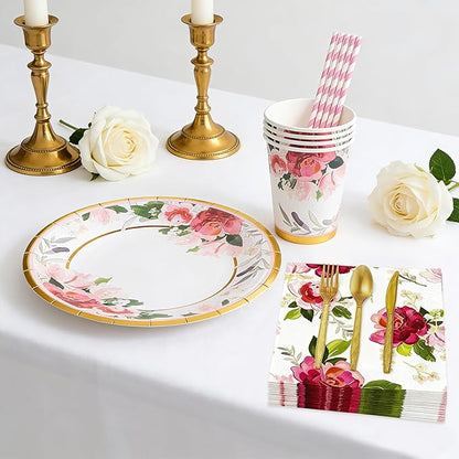 280PCS Floral Paper Plates and Napkins Party Supplies for 35 Guests Disposable Tableware with Plates Napkins Cups Cutlery Straws for Bridal Shower Birthday Party