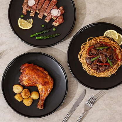 GZG Ceramic Dinner Plates Set of 4,10 Inch Stoneware Dishes Set,Microwave and Dishwasher Safe Kitchen Utensils,Stackable,Scratch Resistant (Matte Black)