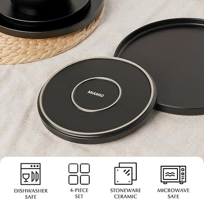 MIAMIO – Ceramic Dinner Plates Set for 4 People/Ceramic Dinnerware 4-Piece, Modern Stoneware, Dishwasher & Microwave Safe – Luxe Collection (Black, 10 Inch)
