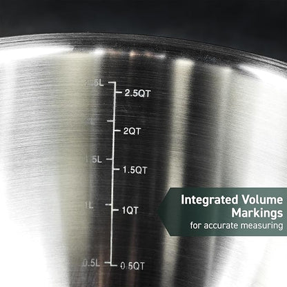 HexClad Stainless Steel Mixing Bowl Set, 3-Piece with Vacuum Seal Lids and Non-Slip Base, 1.3,3 and 5 Quarts
